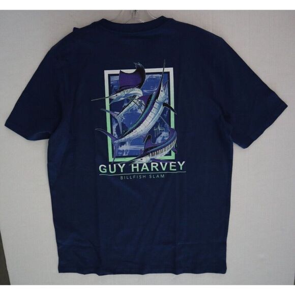 Guy Harvey Men's Sz M Dark Blue Crew Neck S/S Classic Fit Pocket Graphic T-Shirt - Picture 8 of 9